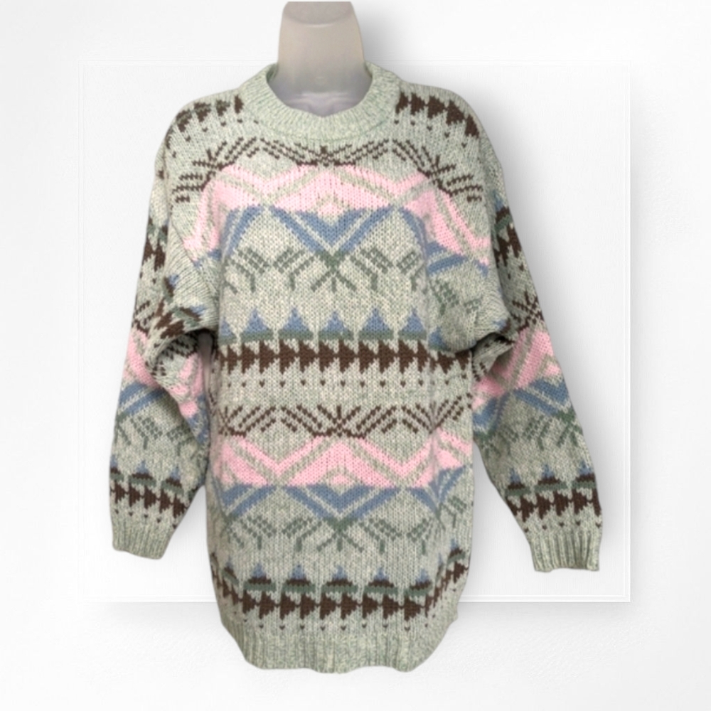 Vintage Fair Isle Sweater Razzle Dazzle Light Green Pink Blue Crew Neck